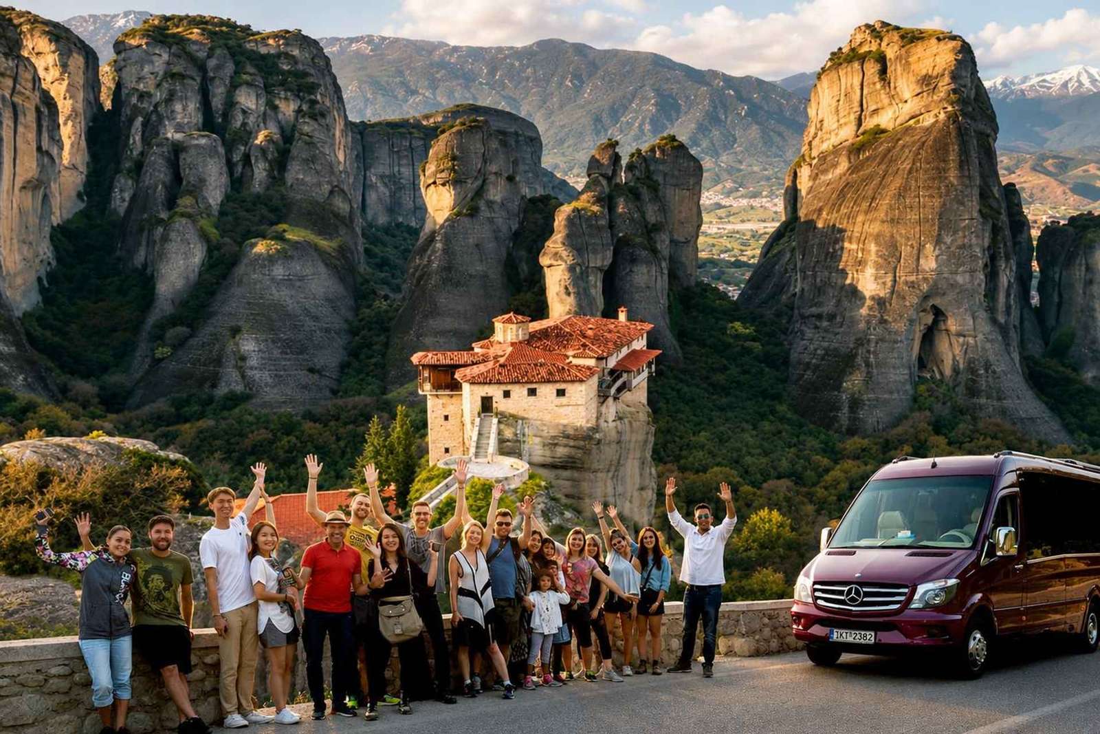 Athènes : Excursion d'une journée aux Météores en anglais/espagnol et coucher de soleil majestueux